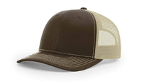 brown khaki custom designed richardson 112 trucker hat decorate with leather patch or embroidery with your logo online in bulk in the usa