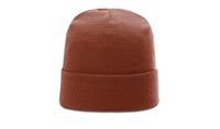 burnt orange  richardson r18 custom logo folded tag stocking hat beanie with cuff   in bulk with leather tags, woven labels, embroidered patches