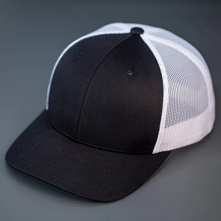 C12-CTM – Private Label Trucker Snapback Hat | Custom Hats with Your Logo in Bulk-Black/White-Dekni-Creations