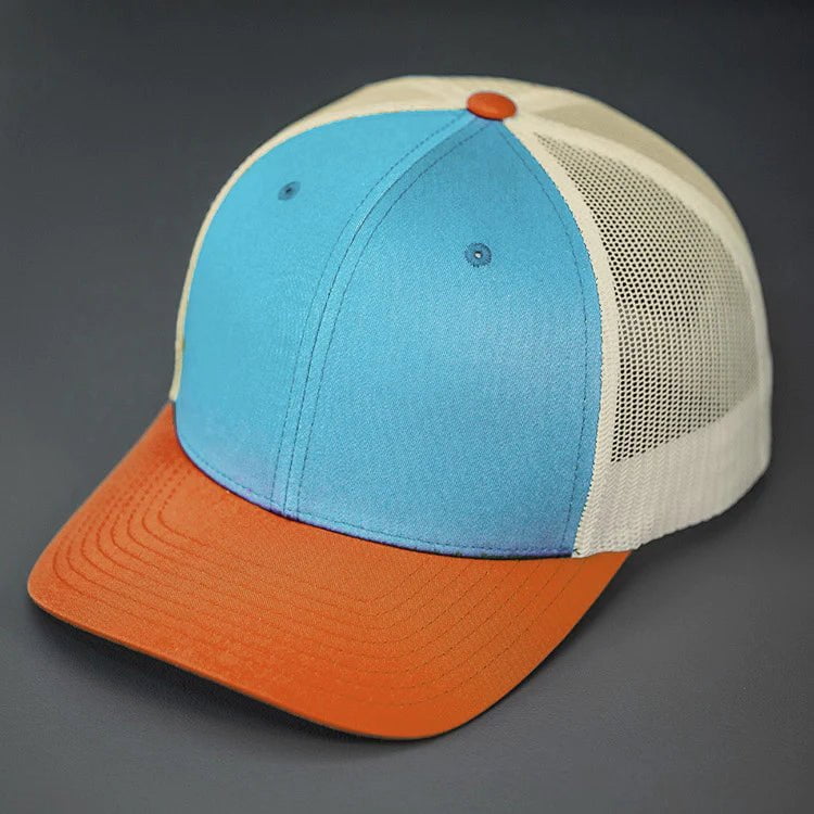 C12-CTM – Private Label Trucker Snapback Hat | Custom Hats with Your Logo in Bulk-Columbia Blue/Birch/Dark Orange-Dekni-Creations