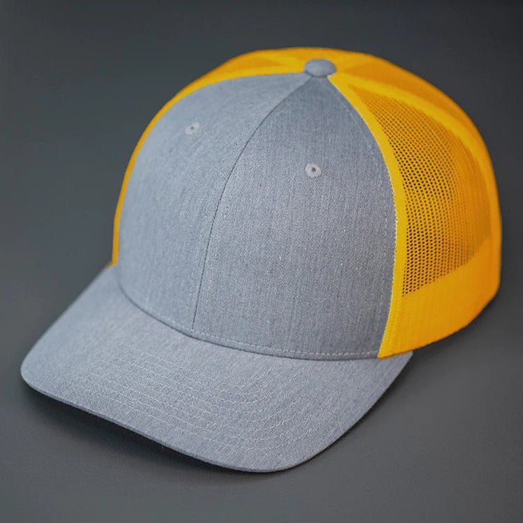 C12-CTM – Private Label Trucker Snapback Hat | Custom Hats with Your Logo in Bulk-Heather Grey/Amber Gold-Dekni-Creations