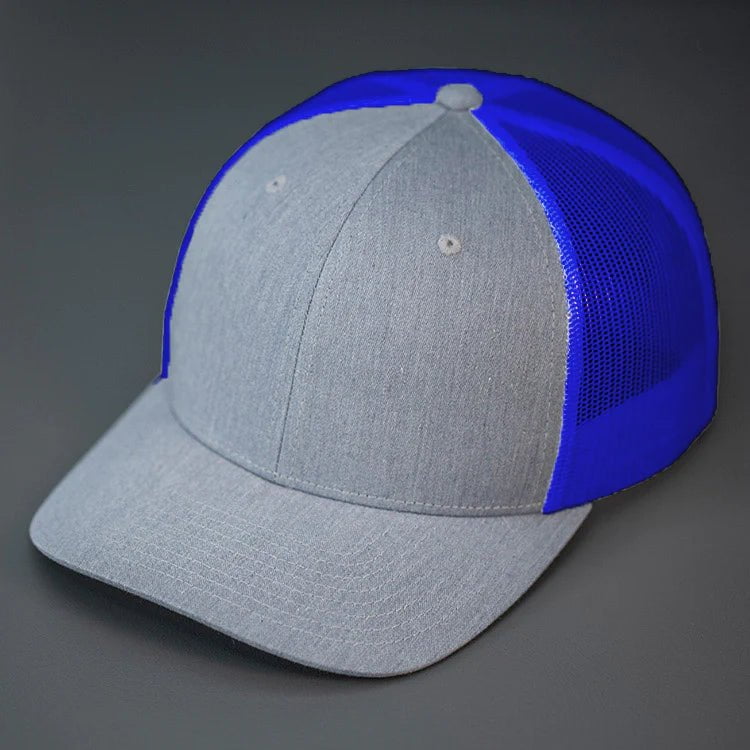 C12-CTM – Private Label Trucker Snapback Hat | Custom Hats with Your Logo in Bulk-Heather Grey/Slate Blue-Dekni-Creations