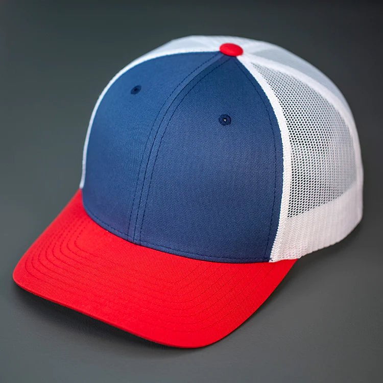 C12-CTM – Private Label Trucker Snapback Hat | Custom Hats with Your Logo in Bulk-Lt Navy/White/Red-Dekni-Creations