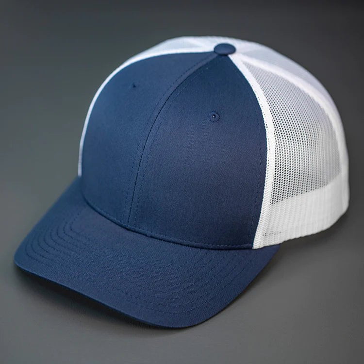 C12-CTM – Private Label Trucker Snapback Hat | Custom Hats with Your Logo in Bulk-Navy/White-Dekni-Creations