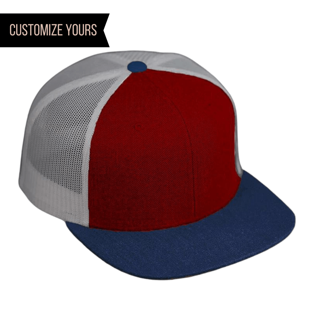 C52-WM – Wool Trucker Snapback Flat Bill Hat | Custom Hats with Your Logo in Bulk-DARK CARDINAL/ALUMINUM/LIGHT NAVY-Dekni-Creations