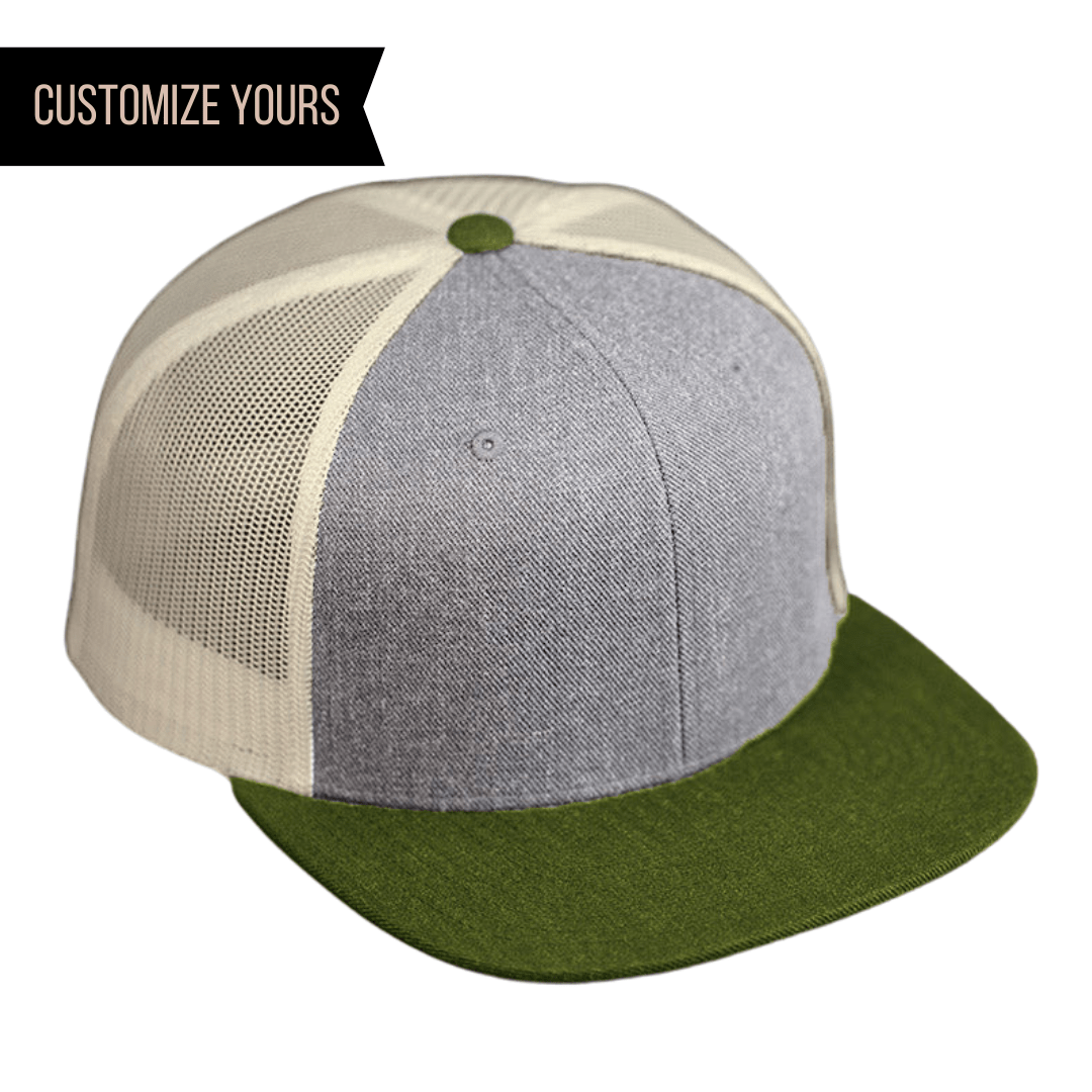 C52-WM – Wool Trucker Snapback Flat Bill Hat | Custom Hats with Your Logo in Bulk-HEATHER GREY/BIRCH/OLIVE-Dekni-Creations