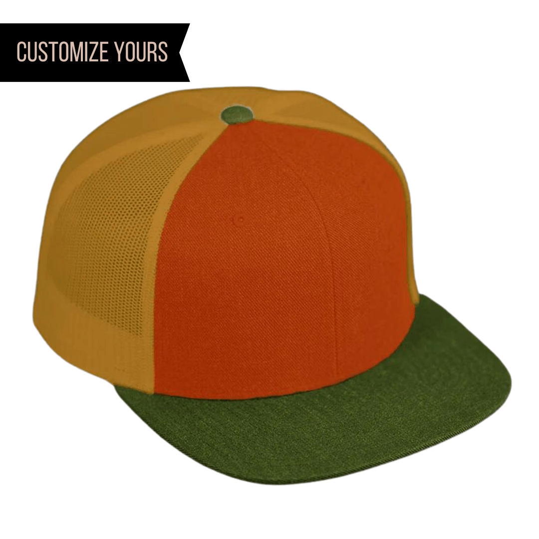 C52-WM – Wool Trucker Snapback Flat Bill Hat | Custom Hats with Your Logo in Bulk-TIGER LILY/OLD GOLD/OLIVE-Dekni-Creations