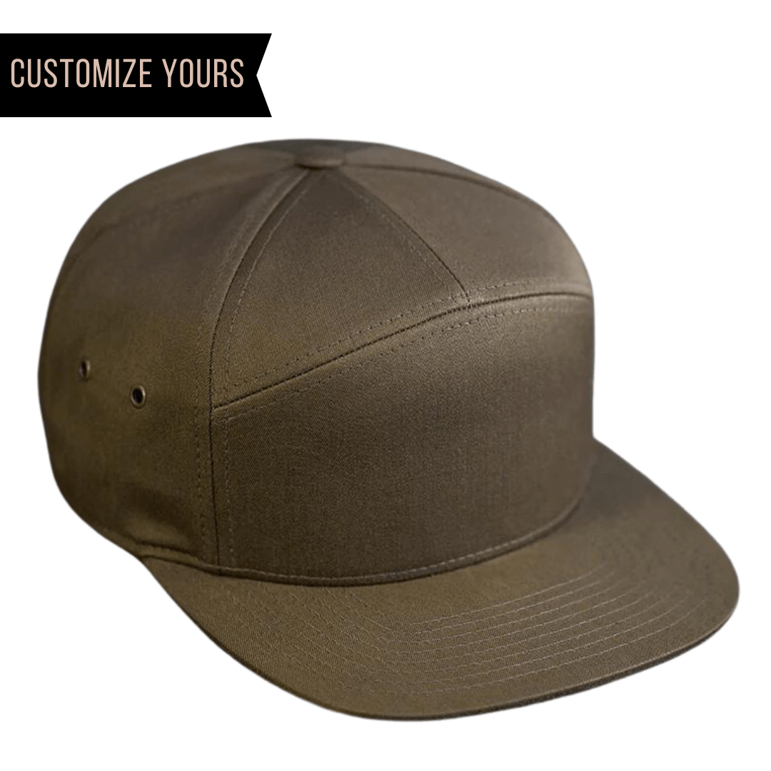 C57-CT – 7-Panel Leather Strapback Flat Bill Hat | Custom Hats with Your Logo in Bulk-Loden-Dekni-Creations