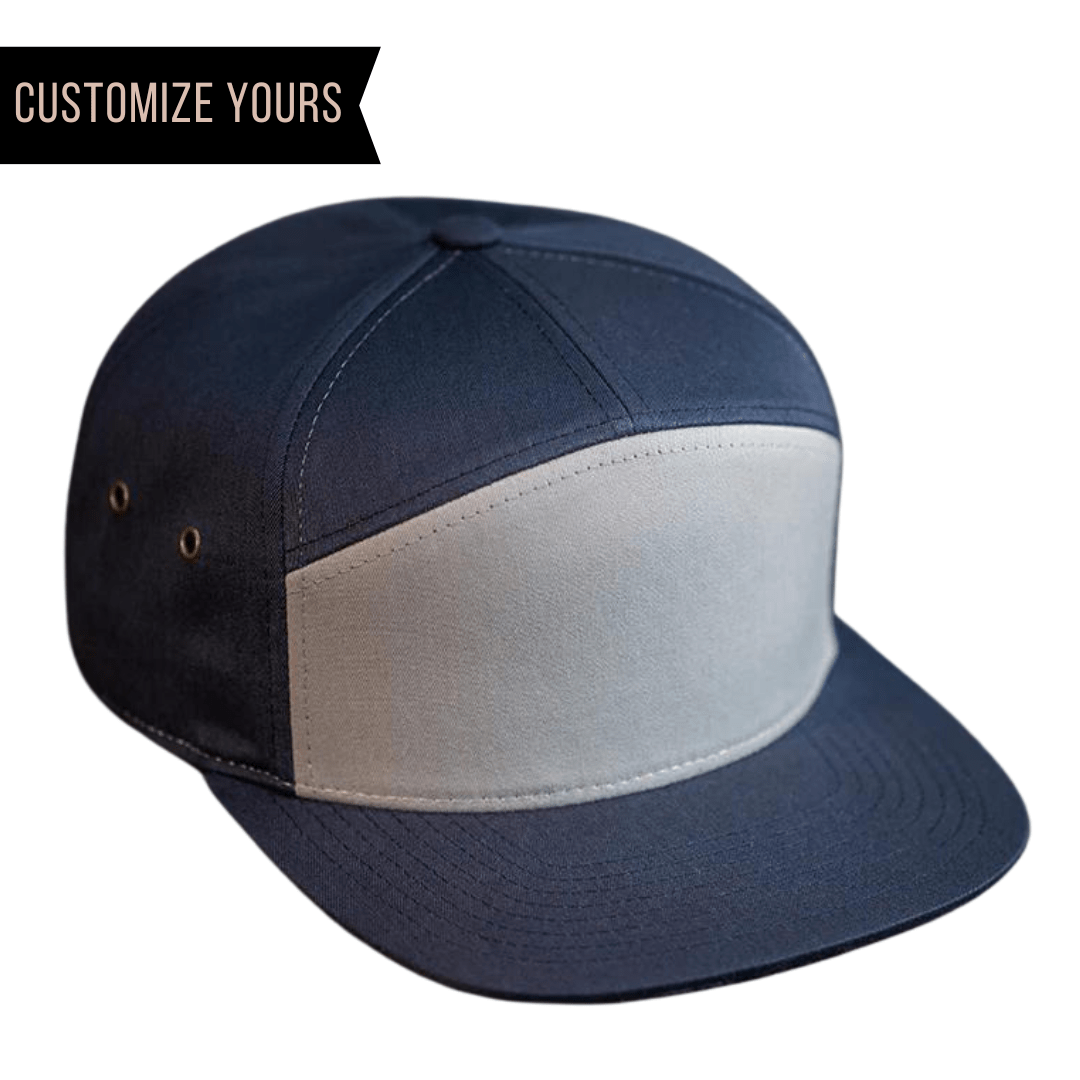 C57-CT – 7-Panel Leather Strapback Flat Bill Hat | Custom Hats with Your Logo in Bulk-Navy/Pigeon-Dekni-Creations