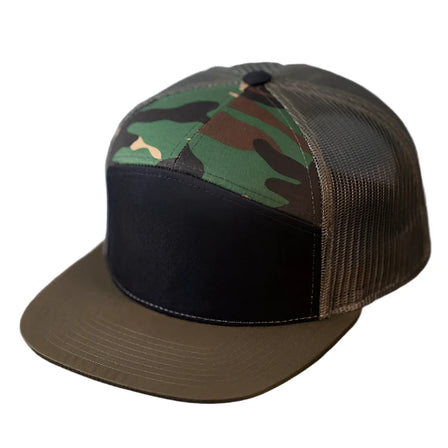 C58-CTM – 7-Panel Flat Bill Trucker Hat | Custom Hats with Your Logo in Bulk-Black/Camo/Loden-Dekni-Creations