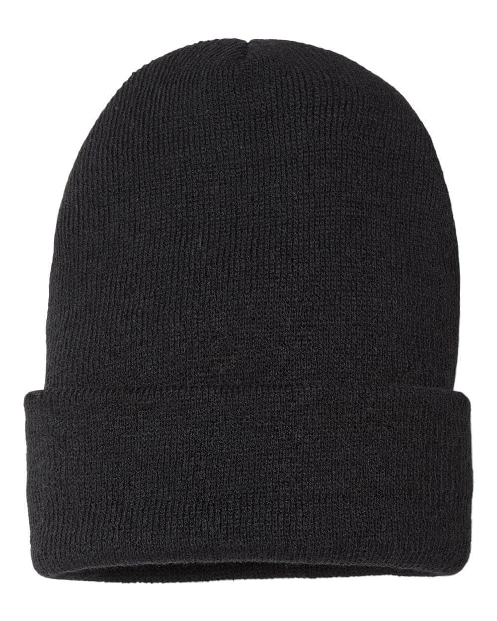 black custom tag sustainable knit uncuffed slouch beanie cap made of recycled material 100% made in usa with custom logo in bulk