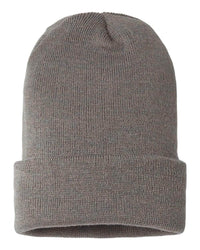 grey custom tag sustainable knit uncuffed slouch beanie cap made of recycled material 100% made in usa with custom logo in bulk