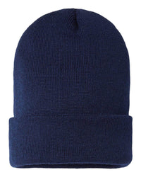 navy custom tag sustainable knit uncuffed slouch beanie cap made of recycled material 100% made in usa with custom logo in bulk
