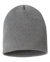grey custom tag sustainable knit uncuffed slouch beanie cap made of recycled material 100% made and decorated in usa with customized logo in bulk