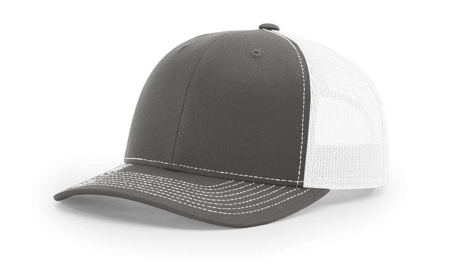 charcoal white custom designed richardson 112 trucker hat decorate with leather patch or embroidery with your logo online in bulk in the usa