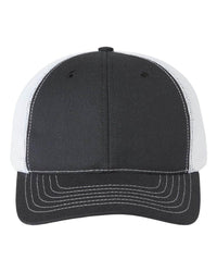 black/white USA Made Trucker Hat customized with your logo as a leather patch, embroidered patch, woven patch in bulk