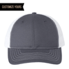charcoal/white USA Made Trucker Hat customized with your logo as a leather patch, embroidered patch, woven patch in bulk