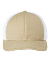 khaki/white USA Made Trucker Hat customized with your logo as a leather patch, embroidered patch, woven patch in bulk