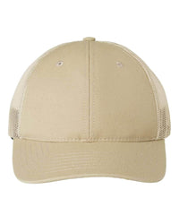 khaki USA Made Trucker Hat customized with your logo as a leather patch, embroidered patch, woven patch in bulk