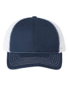 navy/white USA Made Trucker Hat customized with your logo as a leather patch, embroidered patch, woven patch in bulk