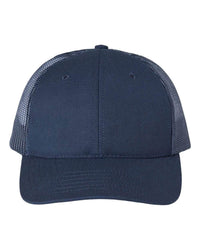 navy USA Made Trucker Hat customized with your logo as a leather patch, embroidered patch, woven patch in bulk