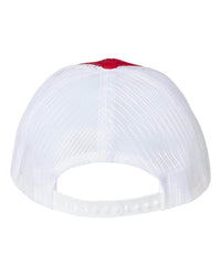Classic_Caps_USA100_Red-_White_USA Made Trucker Hat customized with back hits of embroidery or back leather tag