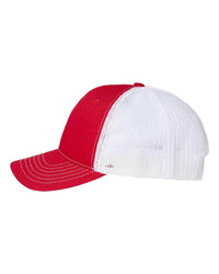 Classic_Caps_USA100_Red-_White_USA Made Trucker Hat customized with side hits of emboridery or back leather tag
