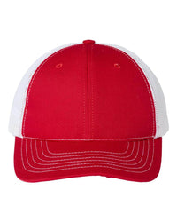red/white USA Made Trucker Hat customized with your logo as a leather patch, embroidered patch, woven patch in bulk