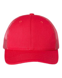 red USA Made Trucker Hat customized with your logo as a leather patch, embroidered patch, woven patch in bulk
