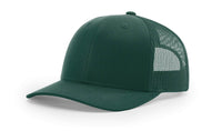 dark green custom designed richardson 112 trucker hat decorate with leather patch or embroidery with your logo online in bulk in the usa