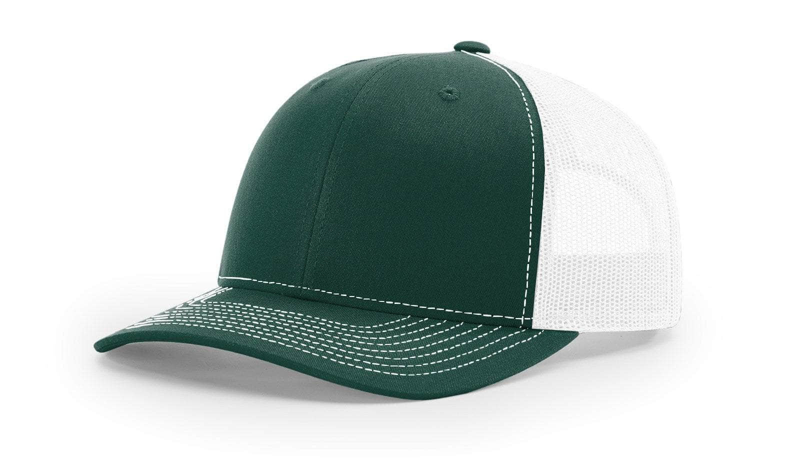 dark green white custom designed richardson 112 trucker hat decorate with leather patch or embroidery with your logo online in bulk in the usa