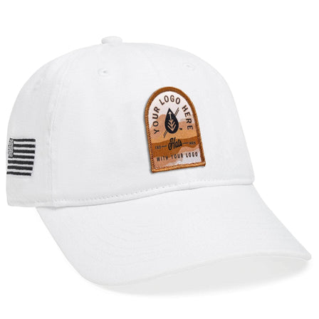 The Econscious EC7000 is a sustainable 100% organic cotton dad hat, customizable with your logo in black embroidery on the front, featuring an American flag patch on the side and ventilation holes for comfort. Ideal for brand enthusiasts, available in bulk.