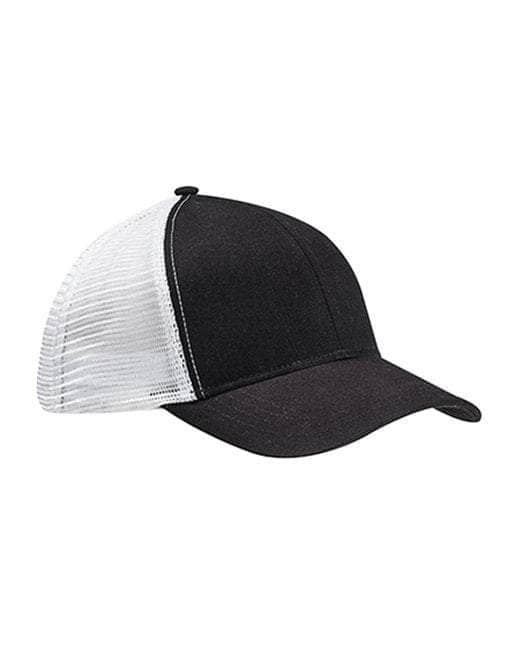 The Econscious EC7070 Sustainable Trucker Hat artfully combines a solid black front and brim with a white mesh back. Its angled curved brim and custom logo make it ideal for showcasing company pride with its sleek, contrasting colors.