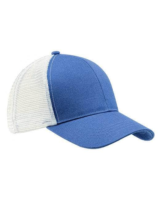 The Econscious EC7070—Sustainable Organic Cotton & Recycled Polyester Trucker Hat, in daylight blue/white, features a curved brim and white mesh back. Perfectly angled right for your logo, its an excellent choice for elevating brand visibility with customized bulk orders.