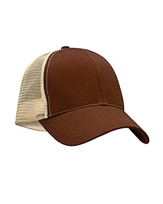 The Econscious EC7070 Trucker Hat, in Earth/Oyster, features a brown front and bill with breathable beige mesh back. This custom hat offers a classic design with stitching on the front panels and brim, ideal for stylish brand promotion. Made of sustainable organic cotton and recycled polyester.