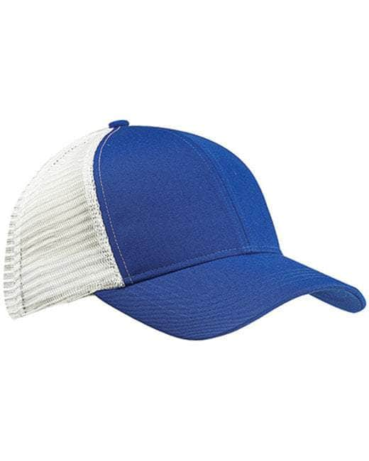 The Econscious EC7070, a Royal/White E trucker hat, features a blue front and brim with a white mesh back panel, ideal for displaying your companys custom logo. Made from sustainable organic cotton and recycled polyester.