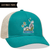 This Econscious EC7070 Trucker Hat combines turquoise organic cotton with a beige mesh back. Featuring embroidered waves, sun, clouds, and trees on the front, customize these sustainable hats with your company logo for a personal touch. Text in the top left reads Customize Yours.