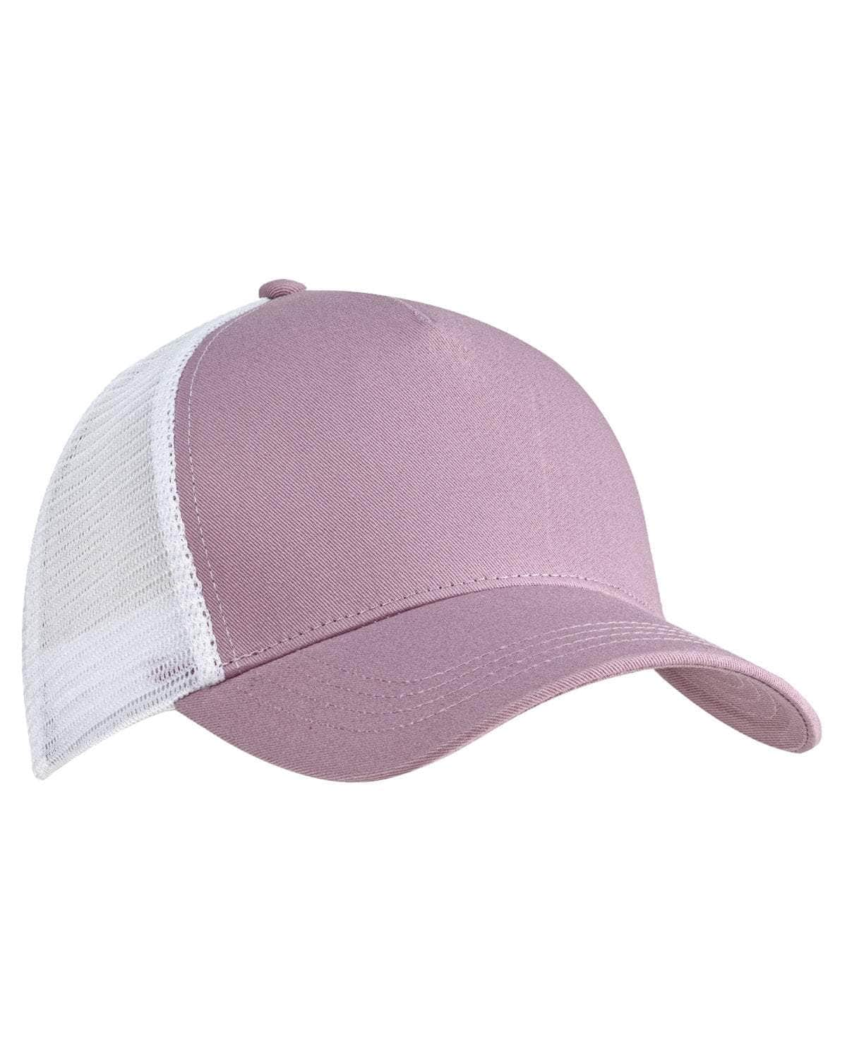 The Econscious EC7094 trucker hat, in lilac haze, boasts a solid front and a white mesh back. With its curved brim and small top button, this hat is perfect for custom logo designs that give off a casual, sporty vibe.