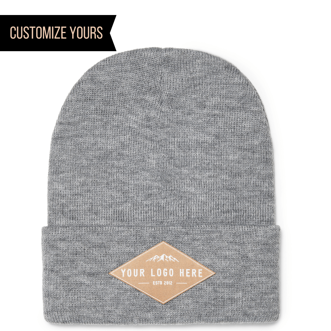 Grey Personalized 1501KC Custom Cuffed Knit Beanie Cap with custom woven patch decorated in the usa in bulk and wholesale 