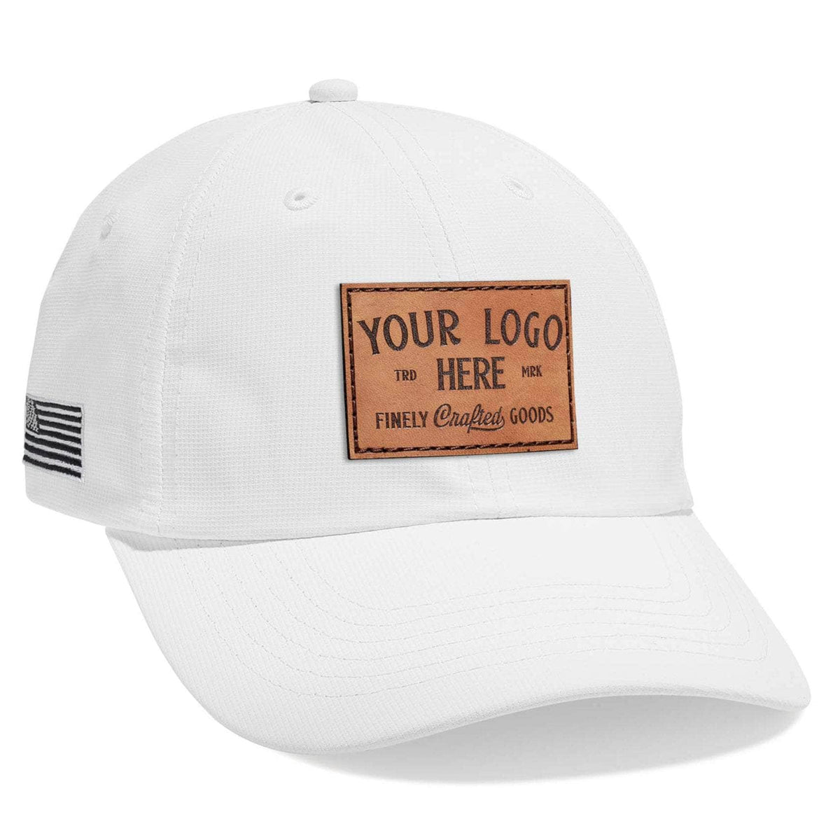 Imperial X210P Custom Leather Patch Sustainable Recycled Performance Dad Hat with UPF 50 White with Side American Flag Logo by Dekni Creations