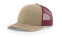 khaki burgundy custom designed richardson 112 trucker hat decorate with leather patch or embroidery with your logo online in bulk in the usa