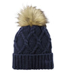 navy grey Customized NE911 New Era Faux Fur Pom Cable Knit Ribbed Cuff Beanies in bulk with personal logo as folden tag, leather rivet tag, custom patch or embroidery