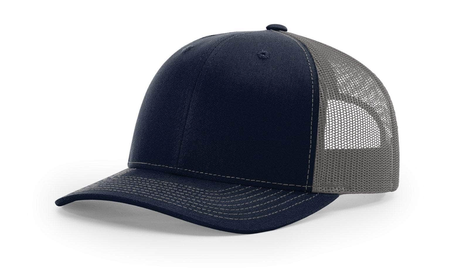 navy charcoal custom designed richardson 112 trucker hat decorate with leather patch or embroidery with your logo online in bulk in the usa