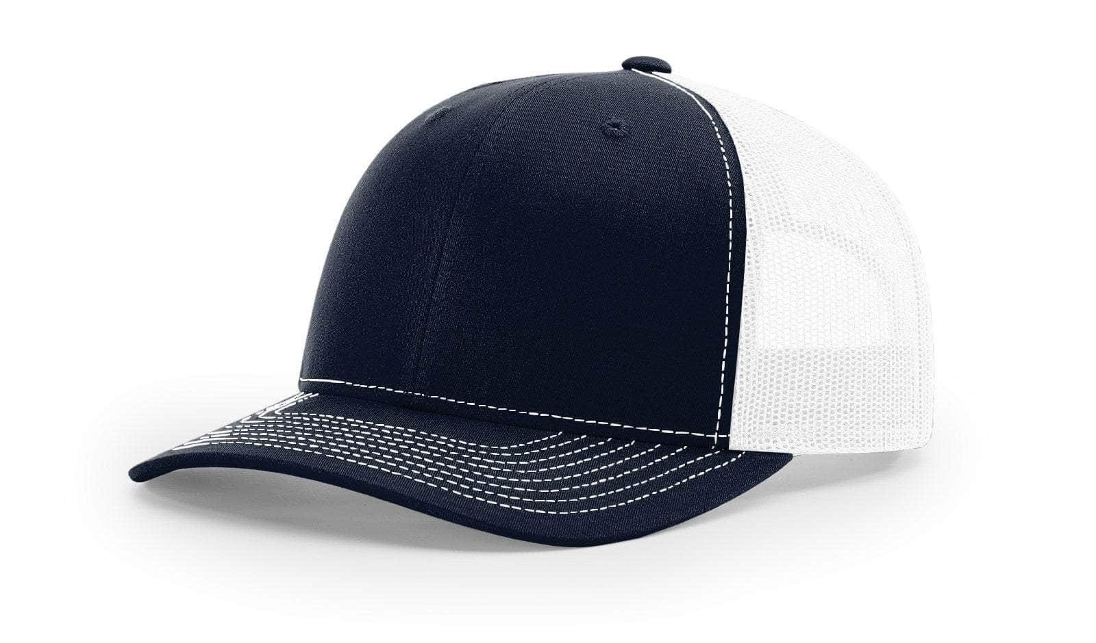 navy white custom designed richardson 112 trucker hat decorate with leather patch or embroidery with your logo online in bulk in the usa