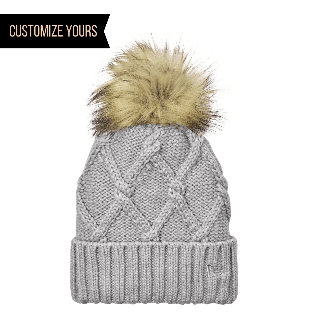 New Era® NE911 – Faux Fur Pom Cable Knit Ribbed Cuff Beanie | Custom Hats with Your Logo in Bulk-Heather Grey-Dekni-Creations