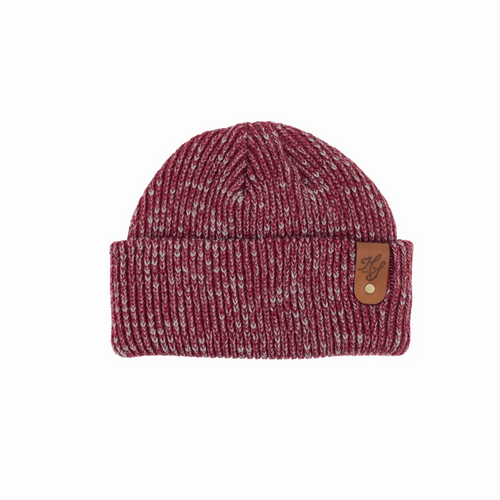 CUSTOM RIBBED MARLED BEANIE WITH RIVETED MEDIUM BROWN LEATHER PATCH BY DEKNI CREATIONS