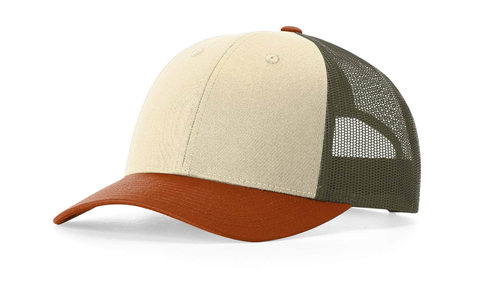 Richardson 115 – Low-Profile Trucker Hat | Custom Hats with Your Logo in Bulk-Cream/Loden/Dark Orange-Dekni-Creations