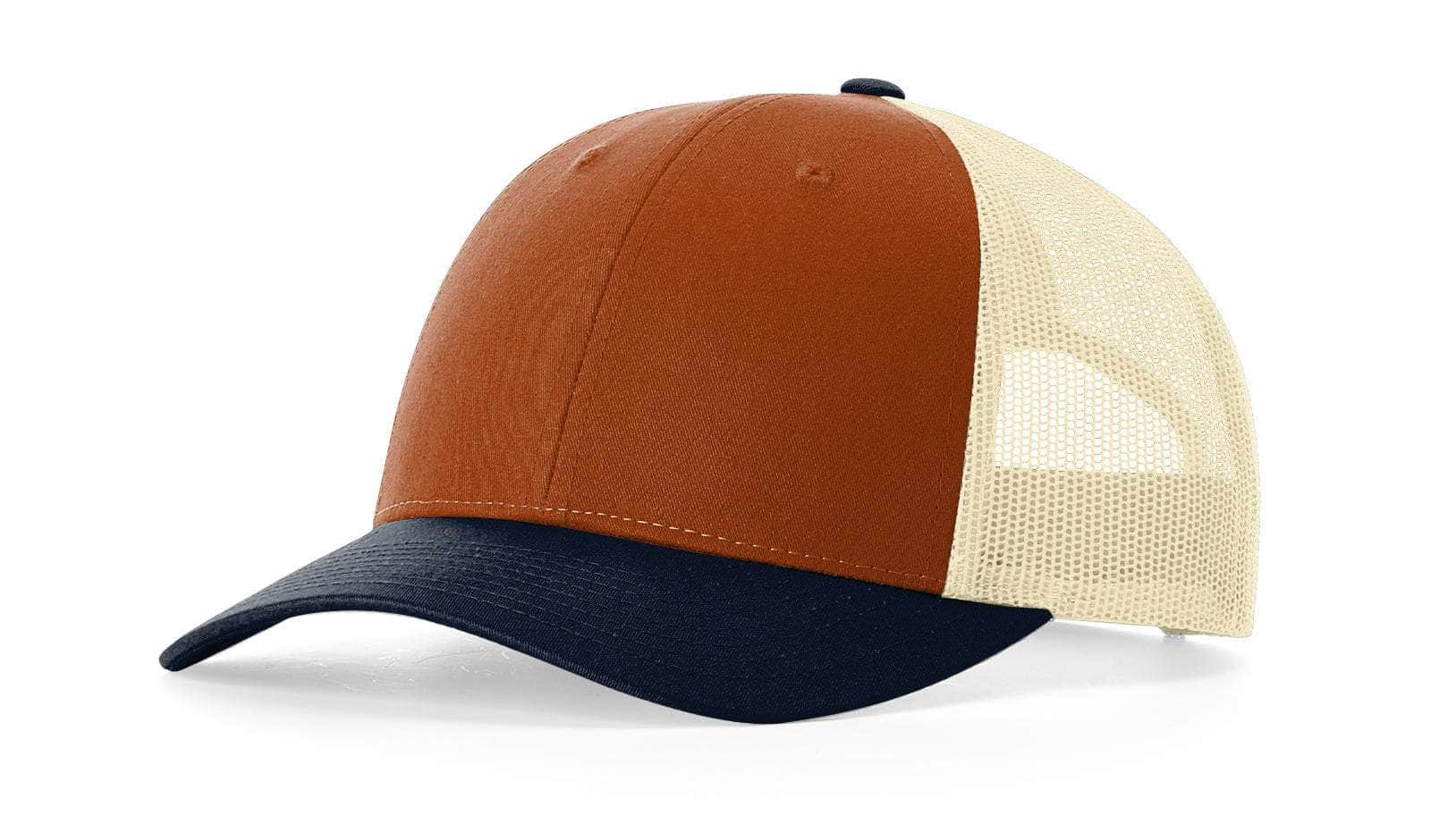 Richardson 115 – Low-Profile Trucker Hat | Custom Hats with Your Logo in Bulk-Dark Orange/Birch/Patriot Blue-Dekni-Creations