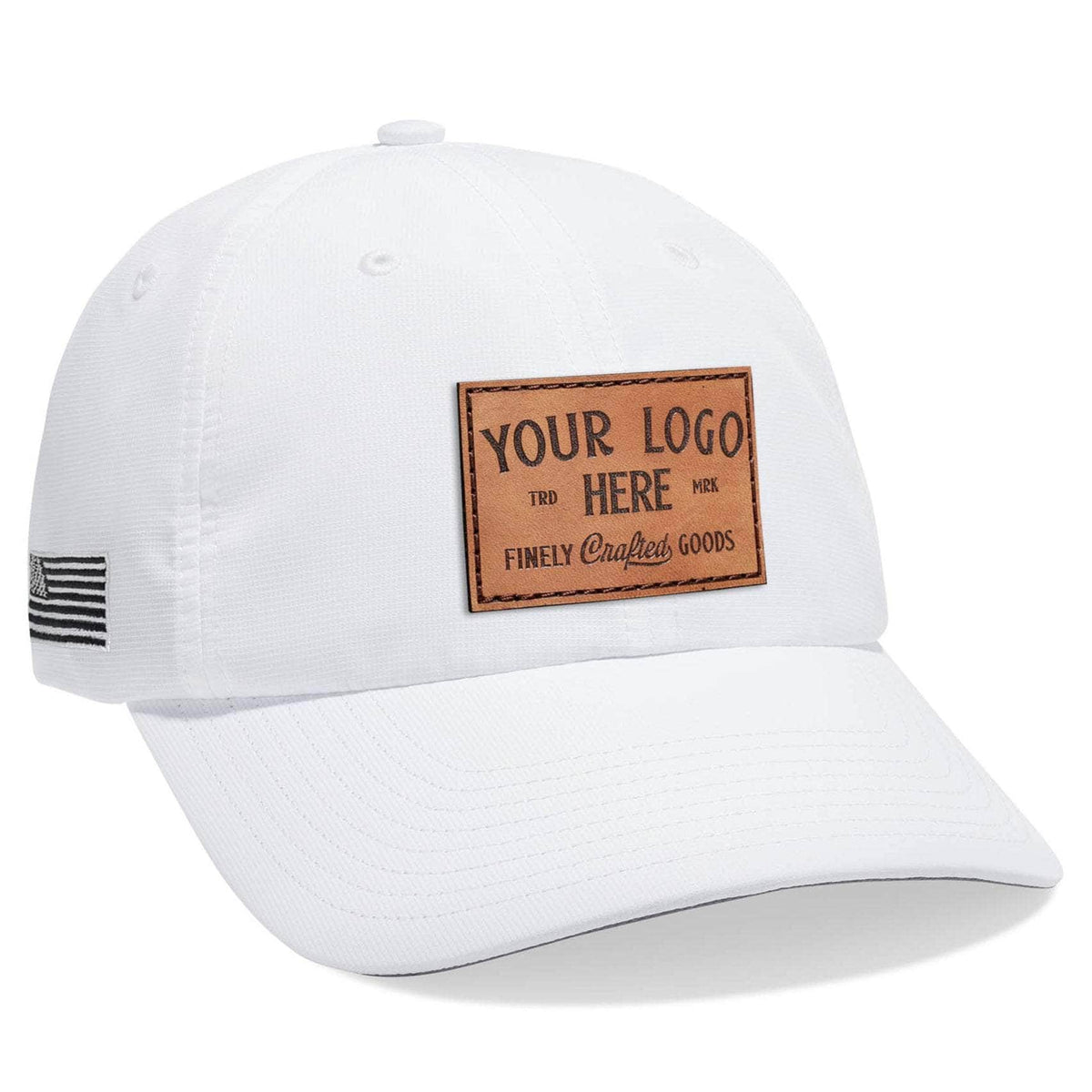 Richardson 220 Custom Leather Patch Lightweight Performance Baseball Dad Hat with UPF 35 White with Side American Flag Logo by Dekni Creations