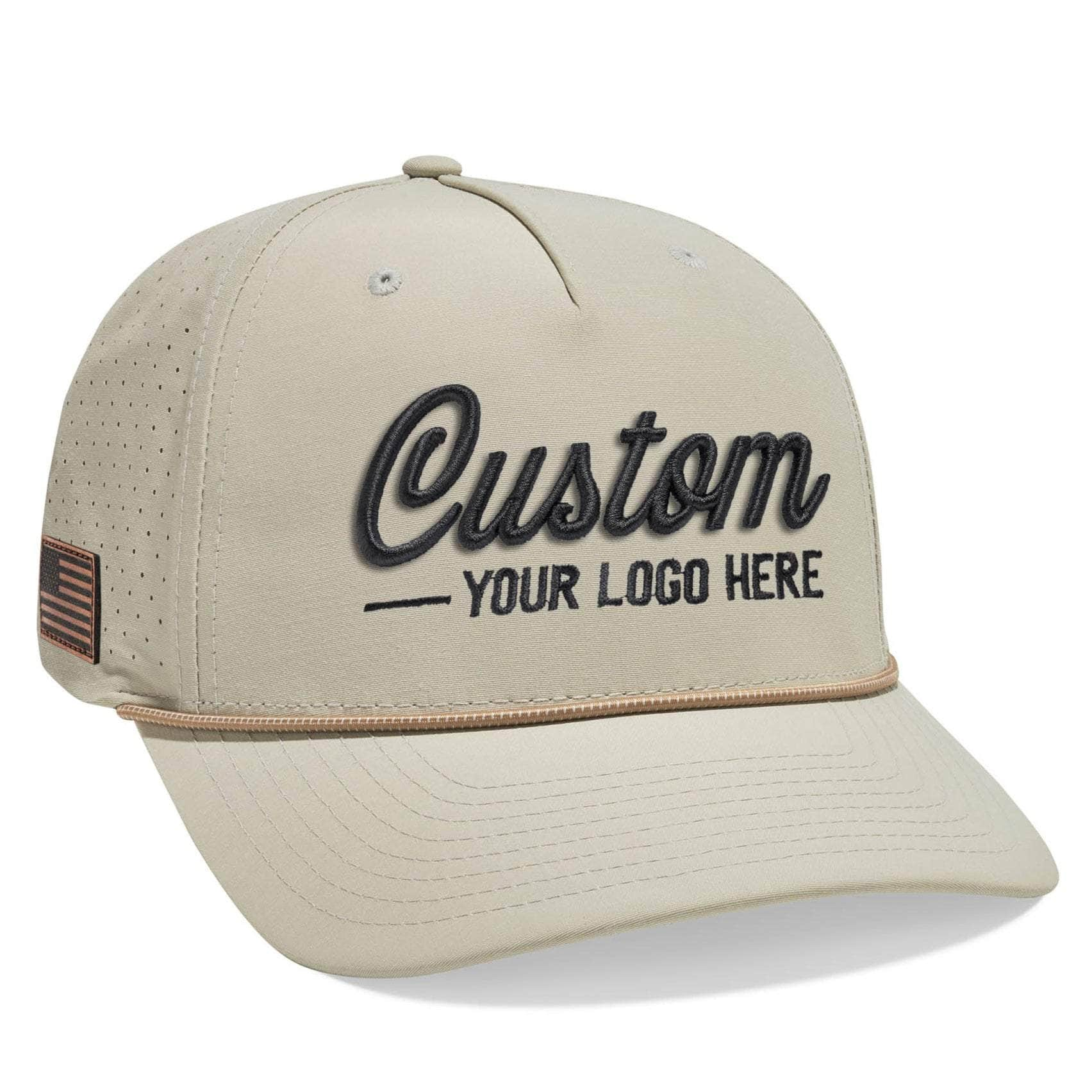 Richardson 335 Custom Embroidered Laser Perforated Performance Rope 5-Panel Snapback Hat Khaki with Side American Flag Logo by Dekni Creations